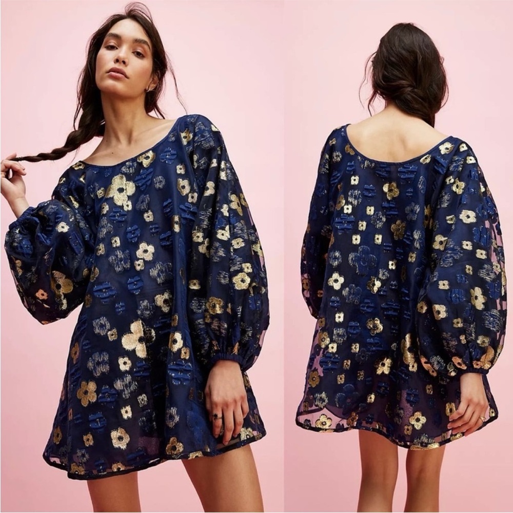 Arianne Elmy Free People Blue Gold Floral Organza Good Luck Puff Sleeve Dress S